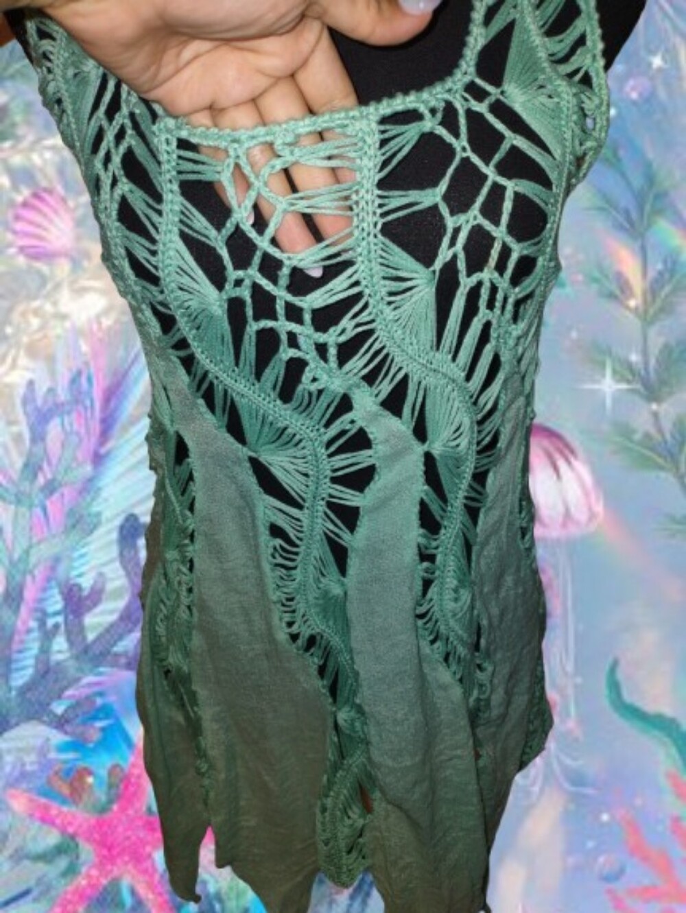 Mermaidcore Boho Blue Green Crochet Top - Picture 2 of 16